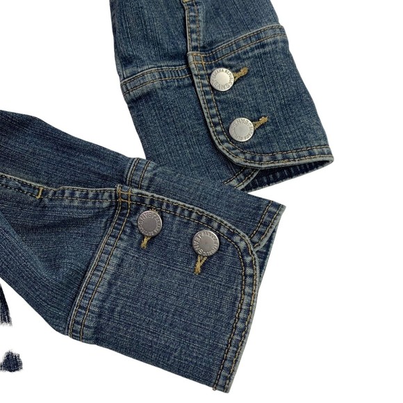 Denim Jacket Red & Black Floral w/Beaded Chain Trim Boho Banana Republic Large - Picture 10 of 14